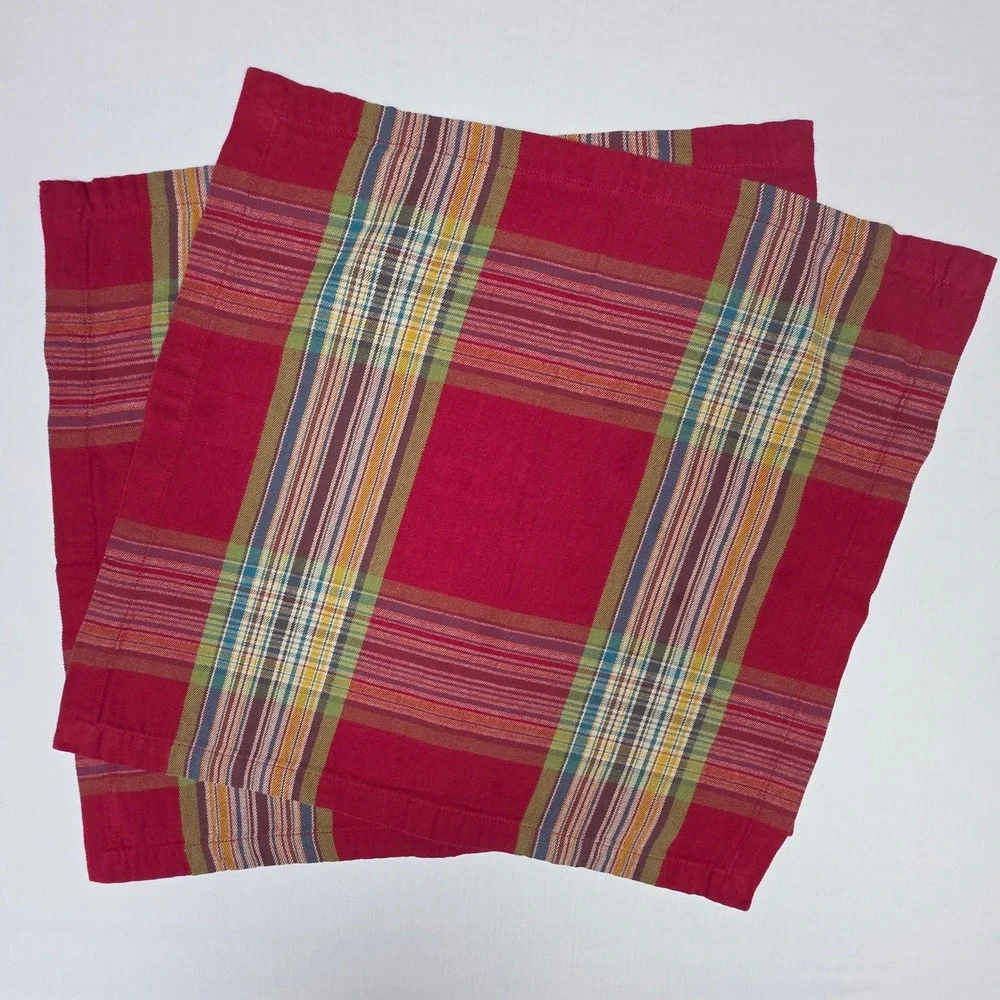 Pottery Barn Stewart Plaid Napkins 20x20 Red Multi Set of 2 Cotton Home Decor